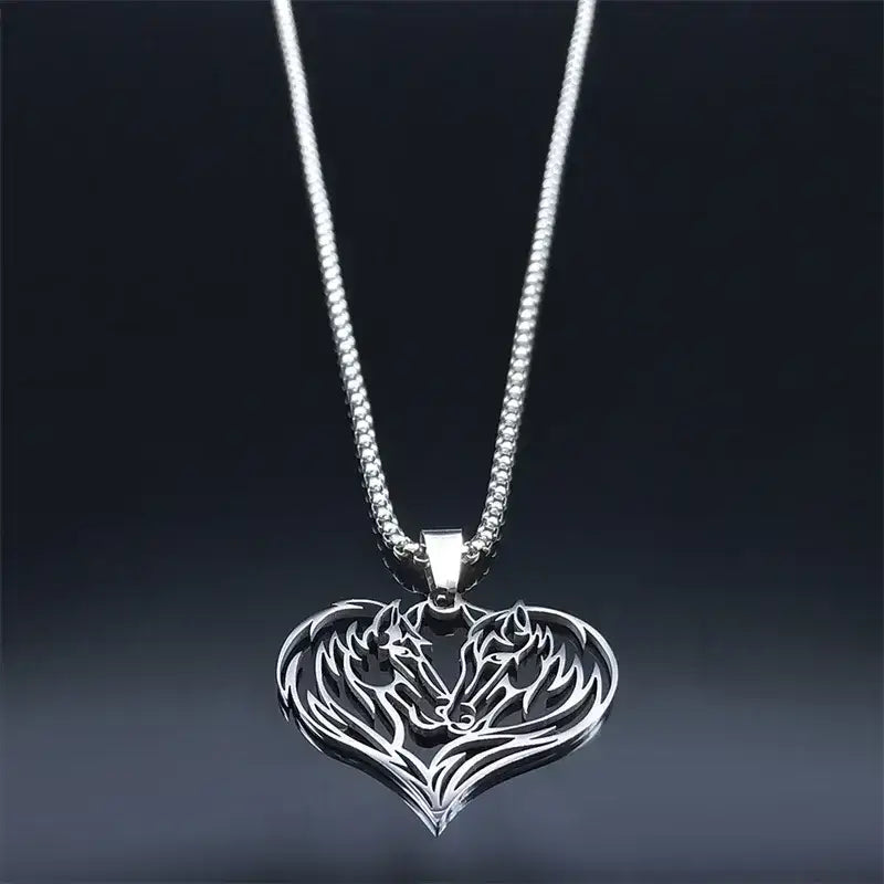 Horse Love Pendant Stainless-Steel Necklace. Aesthetic Heart Shape Horse Necklace. - Jewelry