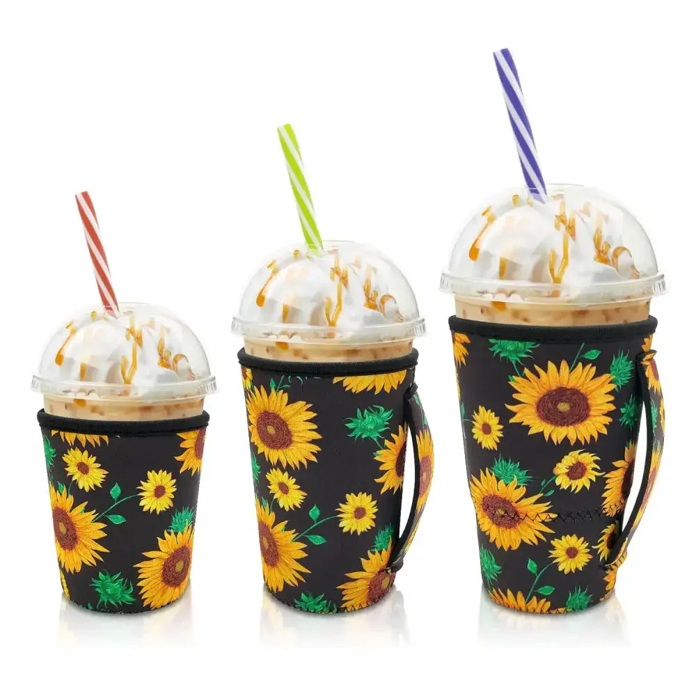 Iced Drink Sleeves Western Reusable Coolie Sleeve Neoprene Insulator Sleeve for Iced drinks 3 sizes 3pc Pk - Sunflower