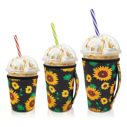 Iced Drink Sleeves Western Reusable Coolie Sleeve Neoprene Insulator Sleeve for Iced drinks 3 sizes 3pc Pk - Sunflower