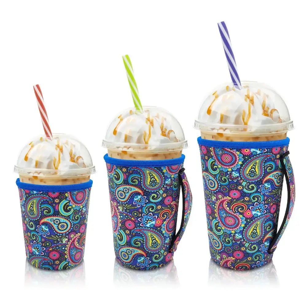 Iced Drink Sleeves Western Reusable Coolie Sleeve Neoprene Insulator Sleeve for Iced drinks 3 sizes 3pc Pk - Paisley