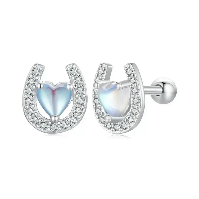 Lucky Horseshoe Stud Earrings 925 Sterling Silver Earrings Moonstone Zircon Fine Gifts for Her - CQE1612 - Jewelry