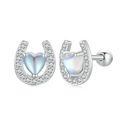 Lucky Horseshoe Stud Earrings 925 Sterling Silver Earrings Moonstone Zircon Fine Gifts for Her - CQE1612 - Jewelry