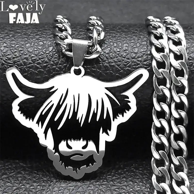 Nordic Highland Cattle Cow Pendant Necklace Stainless Steel Silver Color Animal Necklaces Jewelry Gifts - 60cm 23.6