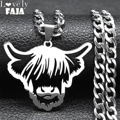 Nordic Highland Cattle Cow Pendant Necklace Stainless Steel Silver Color Animal Necklaces Jewelry Gifts - 60cm 23.6