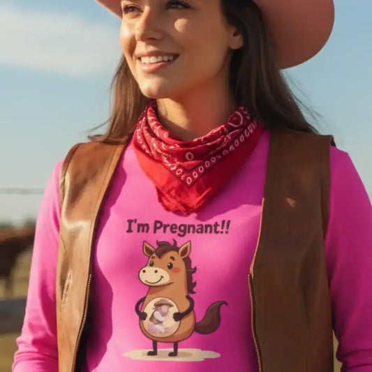 Pregnant Horse Cartoon Long Sleeve Tee, Horse Humor Shirt, Cowgirl Maternity Gifts - The Best New Thing