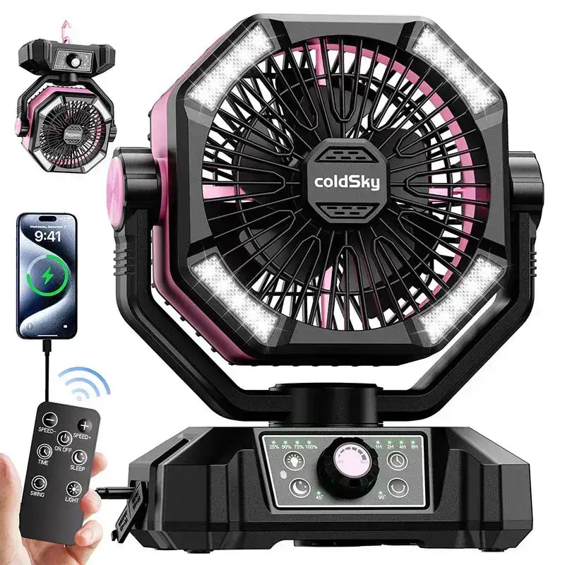 Rechargeable Portable Fan 8 Speed with 4 LED Lantern 20000mAh Battery - Pink / United States - Fans