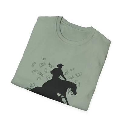 Reining Horse T-Shirt featuring a silhouette of a rider on a horse with money design, perfect for equestrian enthusiasts.