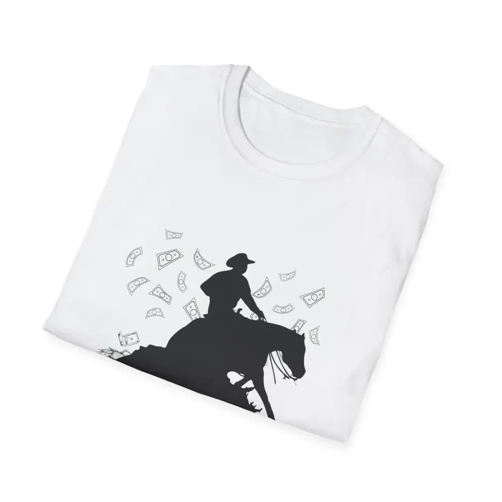 Reining Horse T-Shirt featuring a rider silhouette with money designs, perfect for horse trainers and Western apparel lovers.