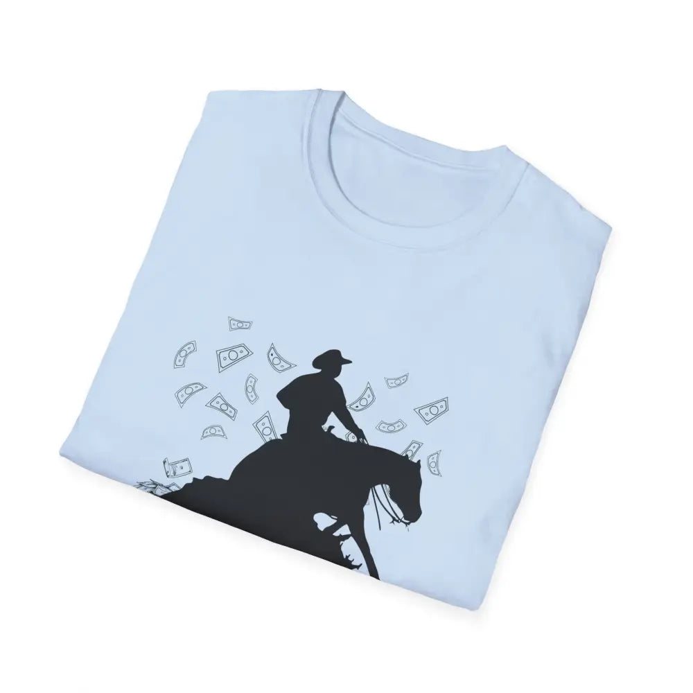 Reining Horse T-Shirt featuring a silhouette of a rider on horseback with dollar bills, perfect for horse trainers.