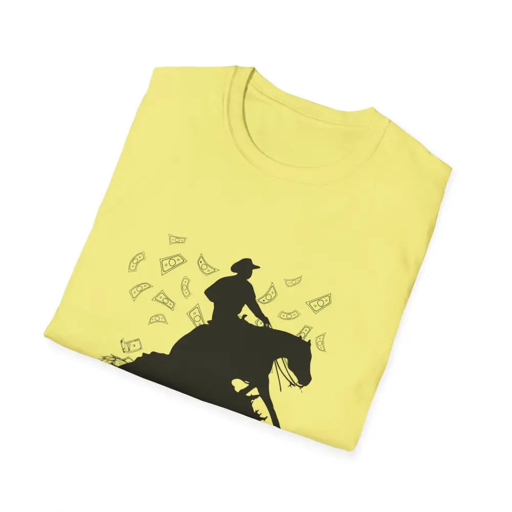 Reining Horse T-Shirt featuring a cowboy silhouette on a yellow background with playful money motifs, ideal for horse lovers.