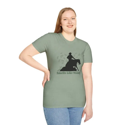 Reining Horse T-Shirt featuring a humorous 'Smells Like Money' graphic, perfect for casual wear and horse riding events.
