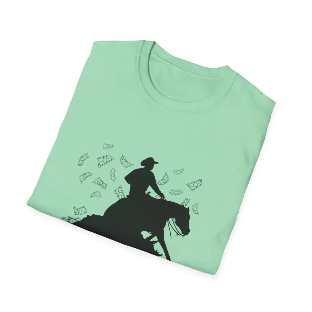 Reining Horse T-Shirt featuring a silhouette of a rider on horseback with money graphics on a mint green tee.