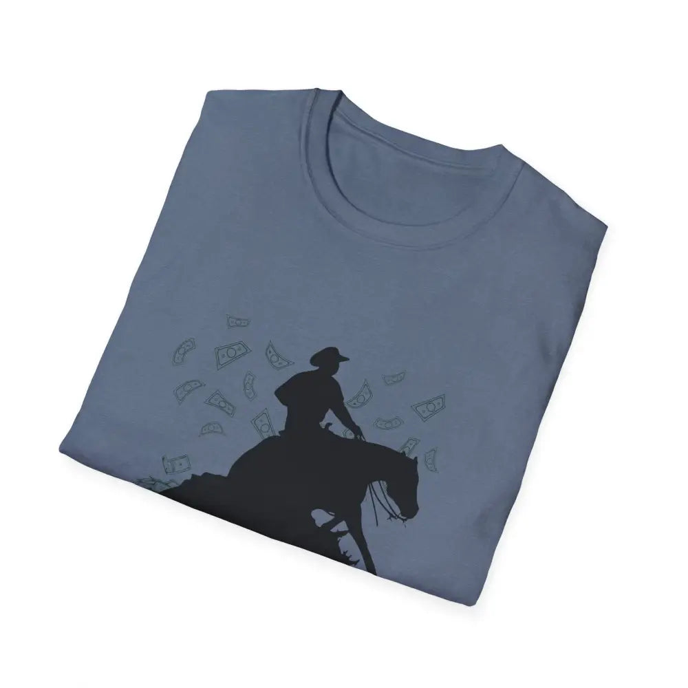Reining Horse T-Shirt on a blue background with a silhouette of a rider and floating dollar bills.