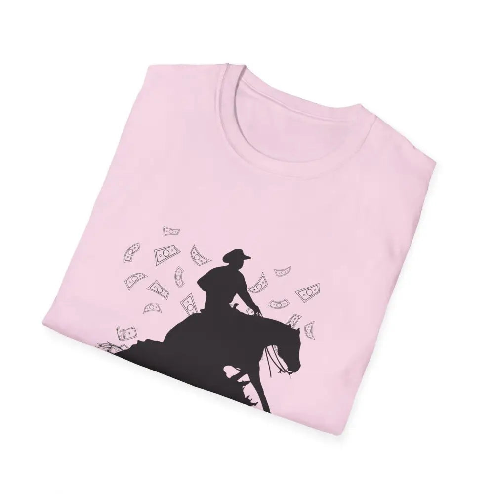 Reining Horse T-Shirt featuring a silhouette of a rider with money symbols, great for horse enthusiasts and casual wear.