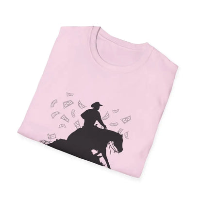 Reining Horse T-Shirt featuring a silhouette of a rider with money symbols, great for horse enthusiasts and casual wear.