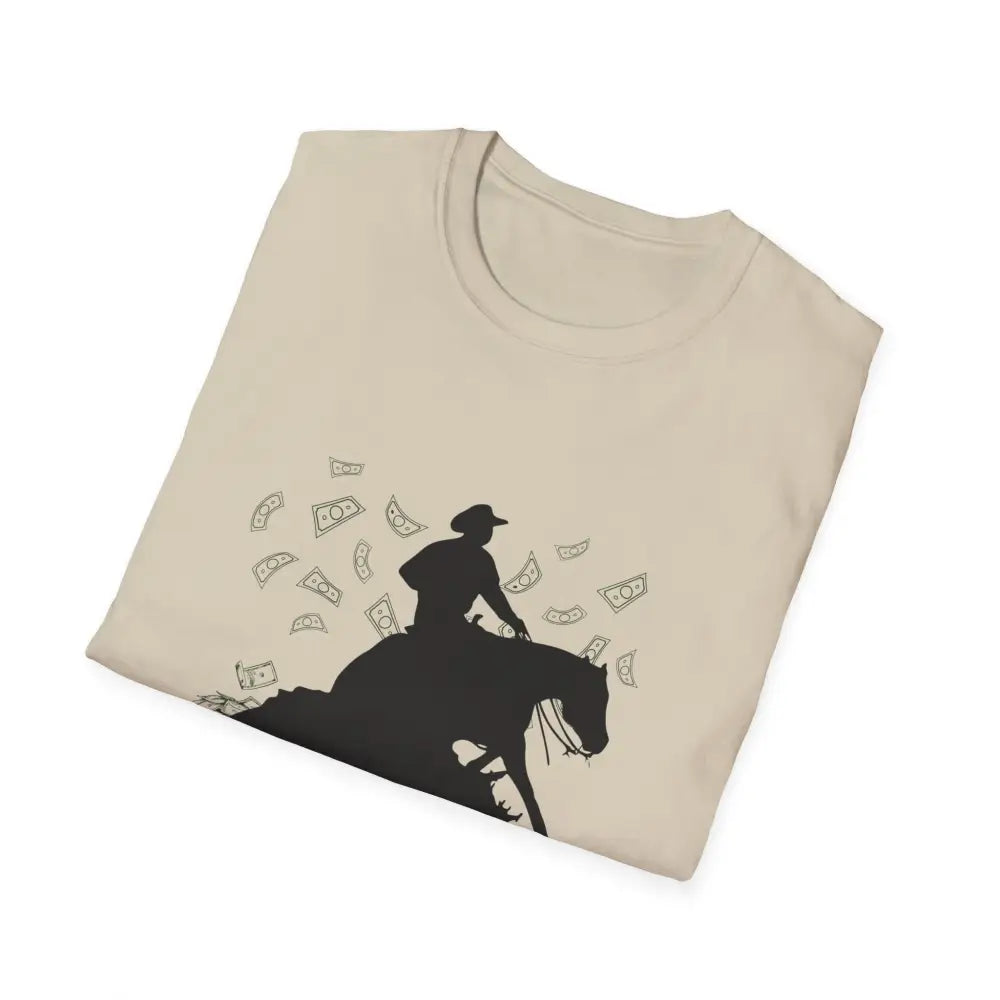 Reining Horse T-Shirt featuring a silhouette of a rider with money, perfect for horse enthusiasts and casual wear.