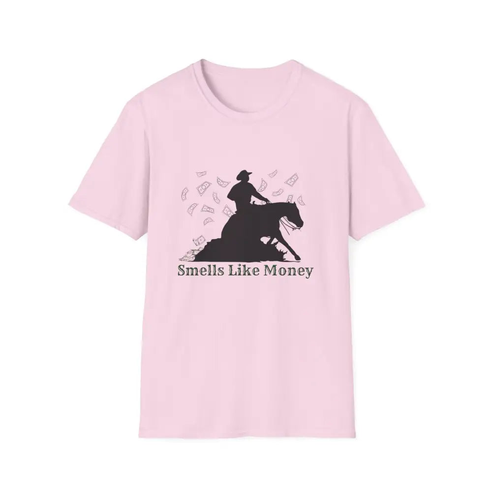 Reining Horse T-Shirt featuring a rider silhouette and the phrase 'Smells Like Money' on a pink background.