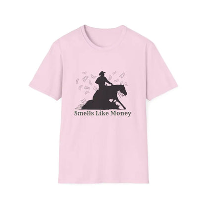 Reining Horse T-Shirt featuring a rider silhouette and the phrase 'Smells Like Money' on a pink background.