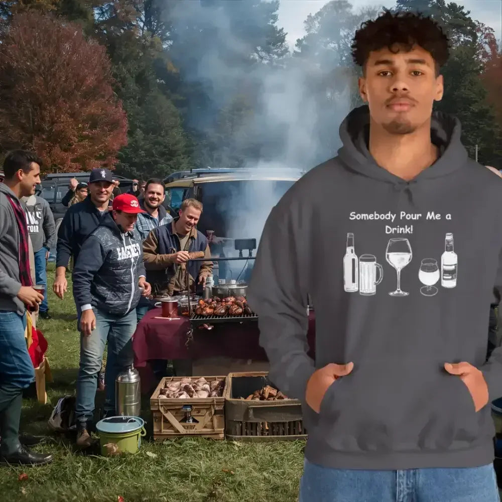 Party Hoodie worn by a man at a tailgate party with friends grilling outdoors.