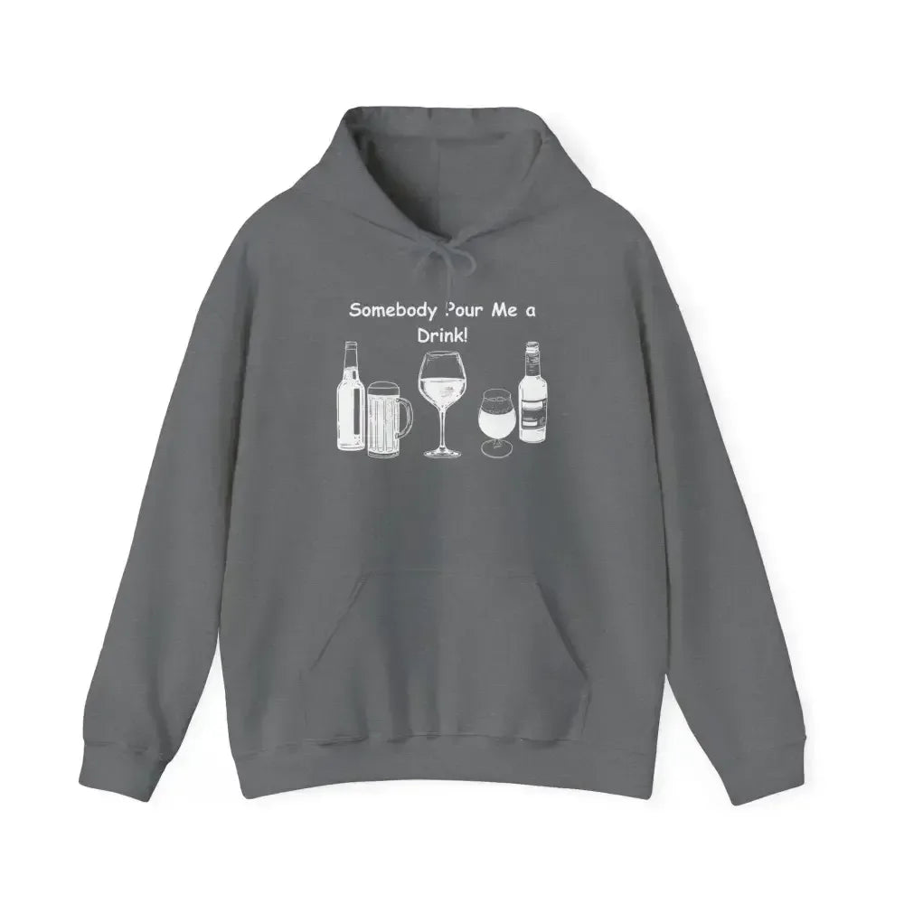 Gray Party Hoodie with 'Somebody Pour Me a Drink!' design and various drink illustrations.