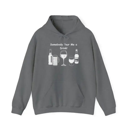 Gray Party Hoodie with 'Somebody Pour Me a Drink!' design and various drink illustrations.