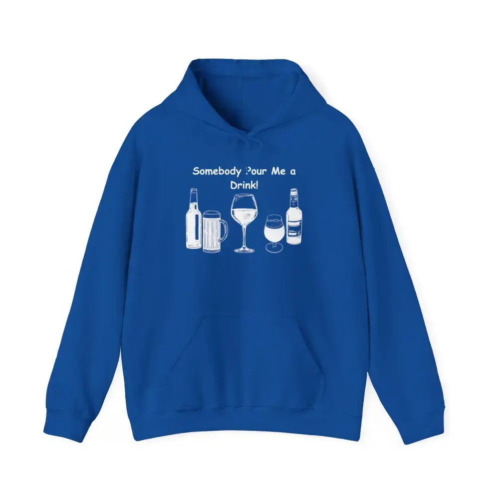 Party Hoodie in blue featuring drink graphics and text saying "Somebody Pour Me a Drink!"
