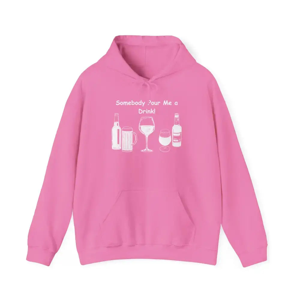 Party Hoodie in pink featuring the text 'Somebody Pour Me a Drink!' and various drink illustrations.