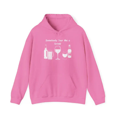 Party Hoodie in pink featuring the text 'Somebody Pour Me a Drink!' and various drink illustrations.
