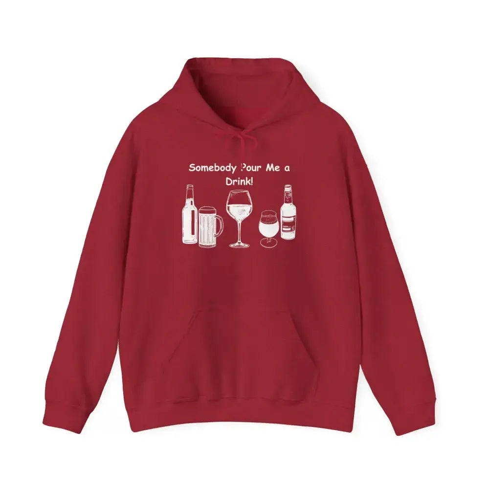 Party Hoodie in red with the text 'Somebody Pour Me a Drink!' and various drink illustrations.
