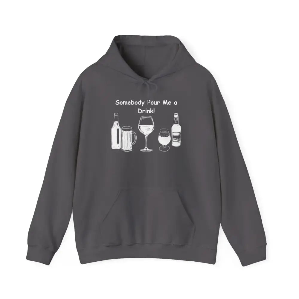 Party Hoodie featuring graphics of drinks and the phrase 'Somebody Pour Me a Drink!' on a dark gray background.