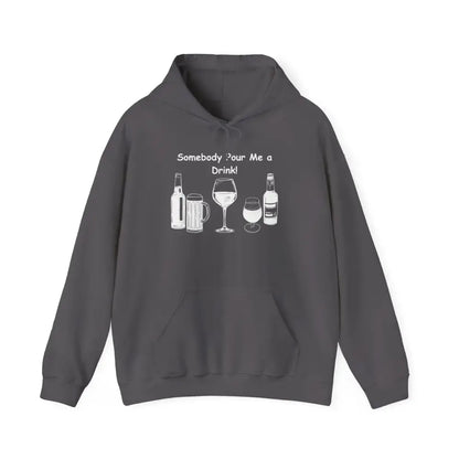 Party Hoodie featuring graphics of drinks and the phrase 'Somebody Pour Me a Drink!' on a dark gray background.