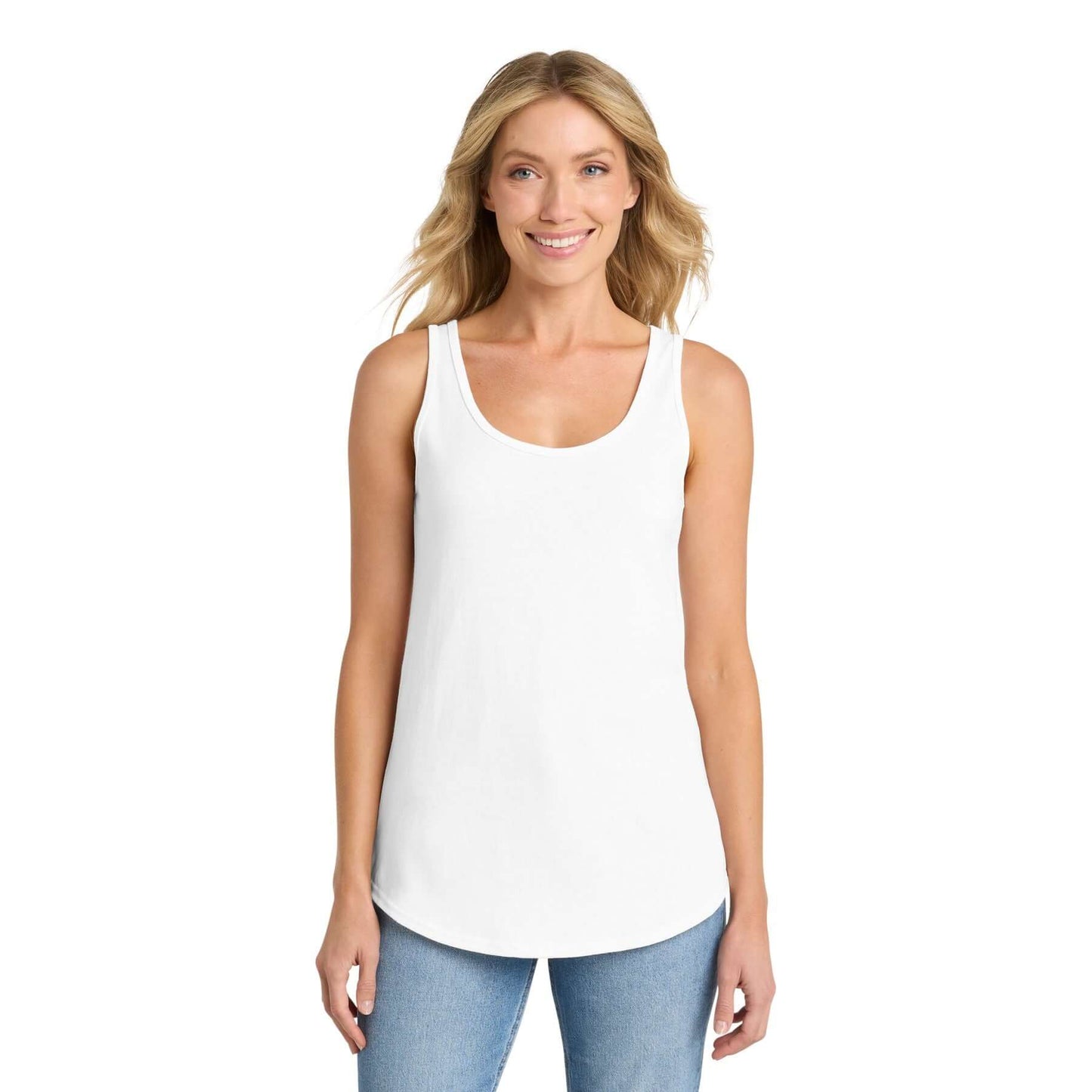 Country Tank Top worn by a smiling woman, showcasing a lightweight and stylish summer farm apparel.