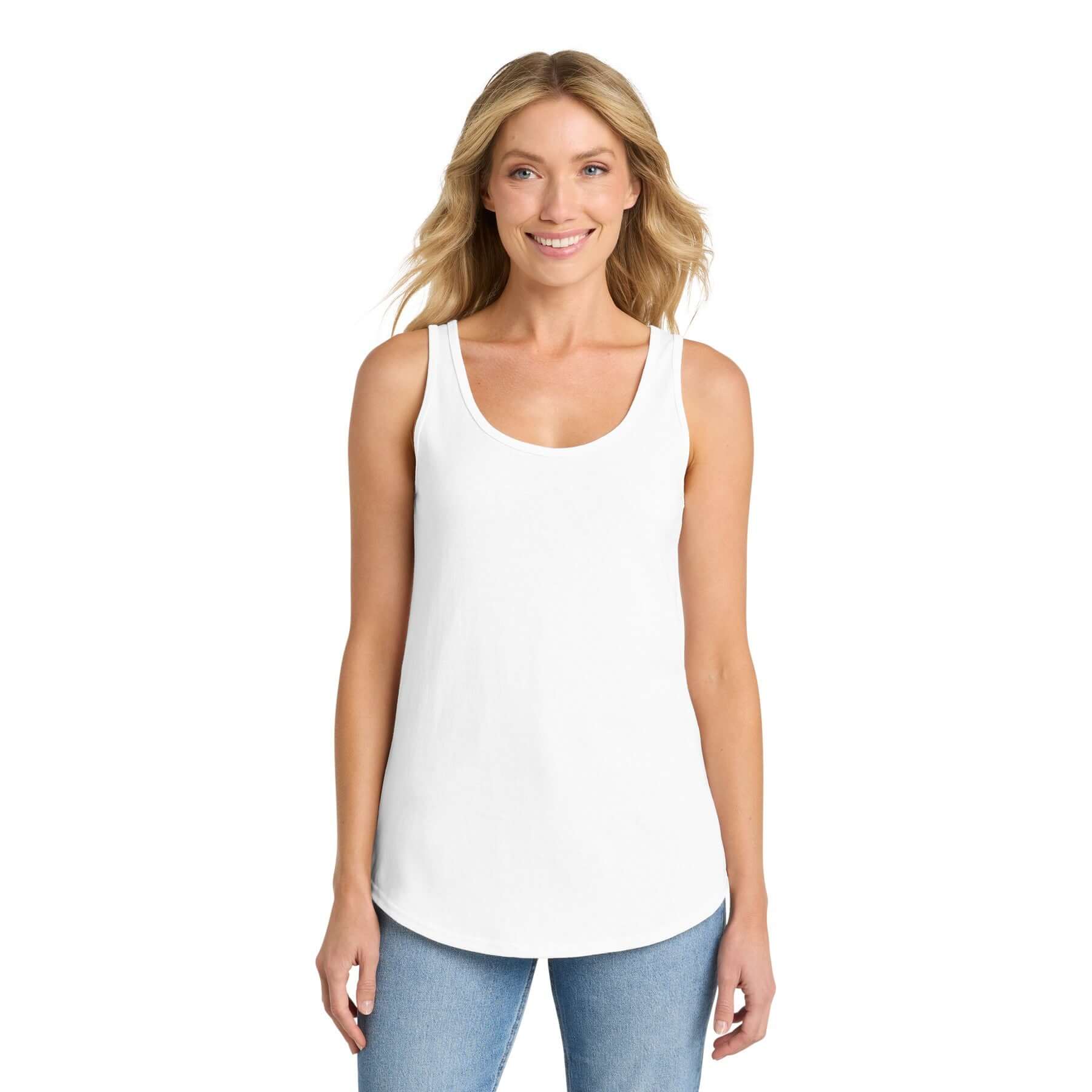 Country Tank Top worn by a smiling woman, showcasing a lightweight and stylish summer farm apparel.