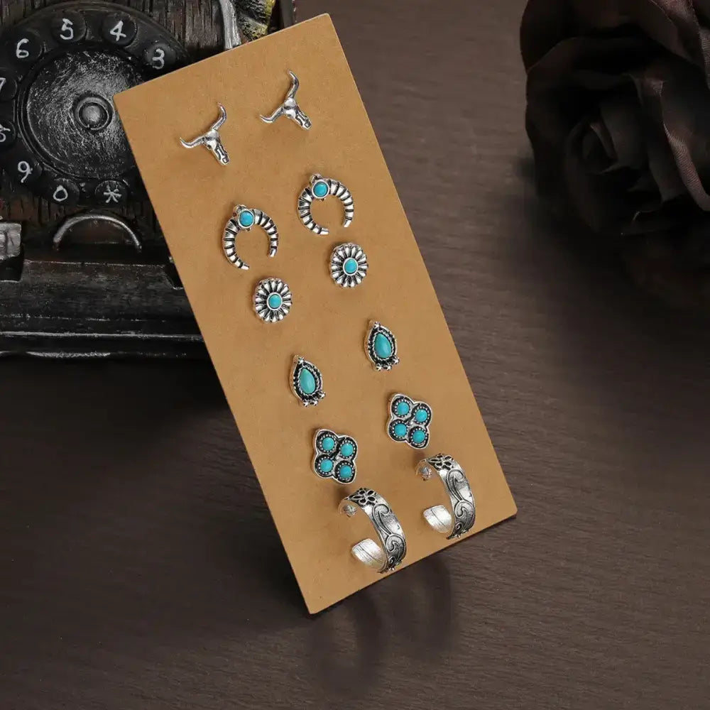 Western Turquoise Earrings Cowgirl Jewelry Earrings for Women 6 pair - XY-601 - Jewelry