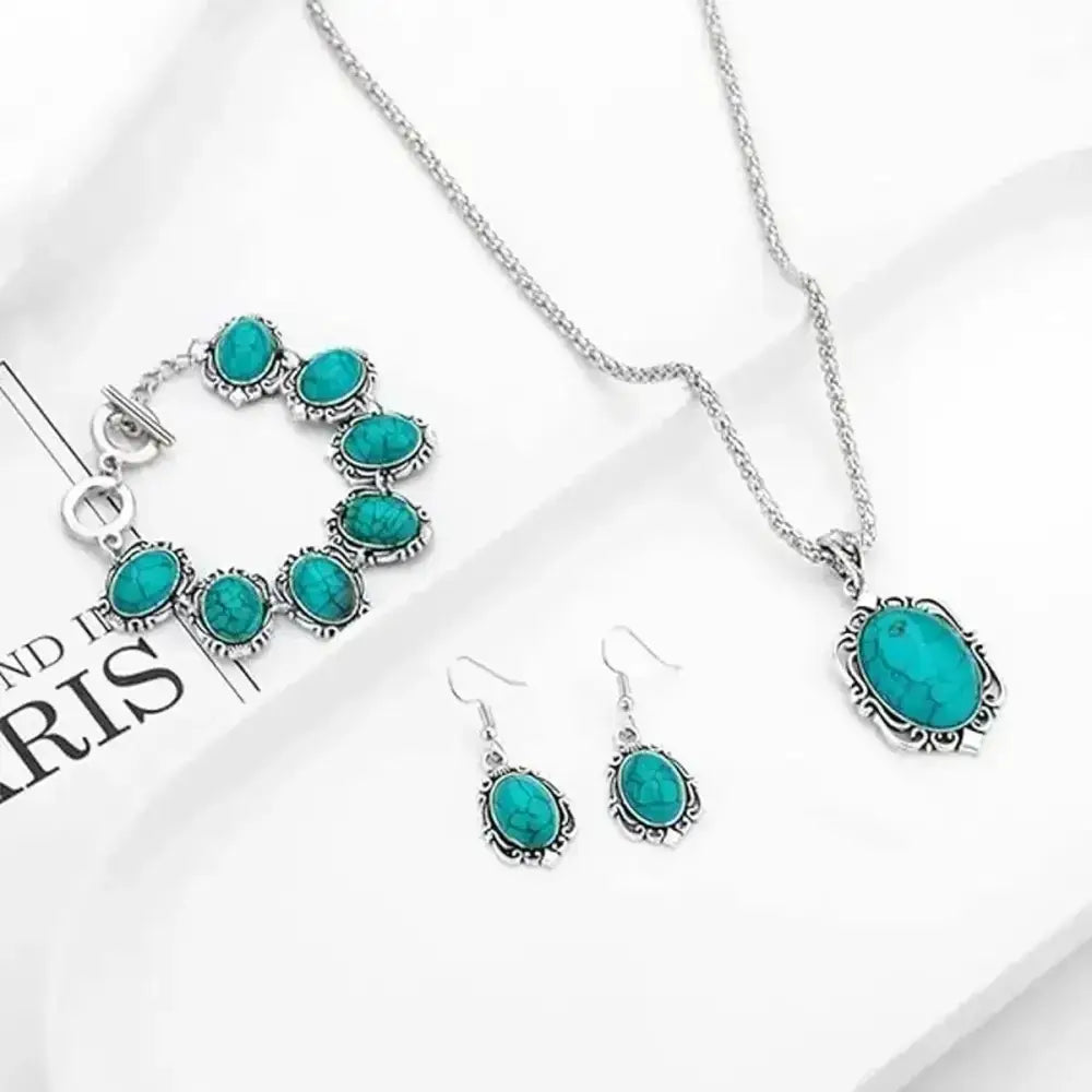 Western Vintage Turquoise Bracelet Necklace Earrings Set, 3pcs Set - The Best New Thing