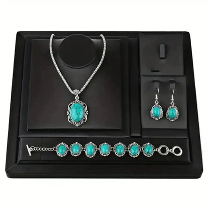 Western Vintage Turquoise Bracelet Necklace Earrings Set, 3pcs Set - The Best New Thing