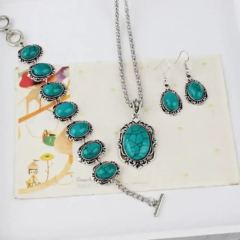 Western Vintage Turquoise Bracelet Necklace Earrings Set, 3pcs Set - The Best New Thing