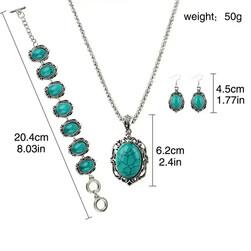 Western Vintage Turquoise Bracelet Necklace Earrings Set, 3pcs Set - The Best New Thing