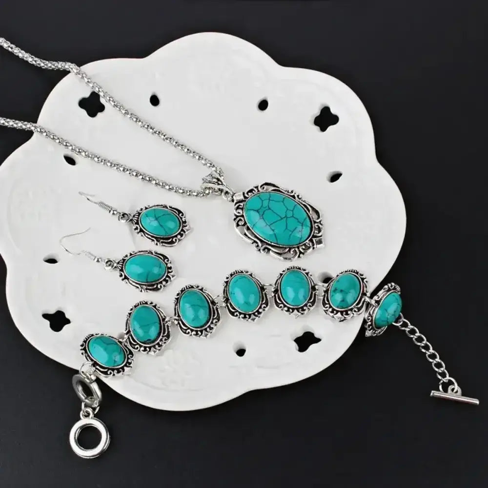 Western Vintage Turquoise Bracelet Necklace Earrings Set, 3pcs Set - The Best New Thing