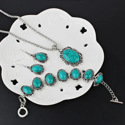 Western Vintage Turquoise Bracelet Necklace Earrings Set, 3pcs Set - The Best New Thing