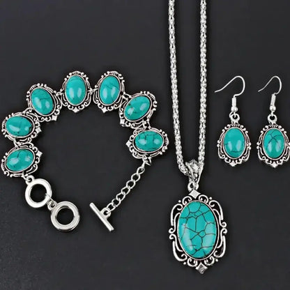 Western Vintage Turquoise Bracelet Necklace Earrings Set, 3pcs Set - The Best New Thing