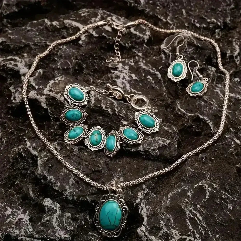Western Vintage Turquoise Bracelet Necklace Earrings Set, 3pcs Set - The Best New Thing