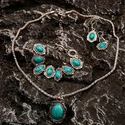 Western Vintage Turquoise Bracelet Necklace Earrings Set, 3pcs Set - The Best New Thing
