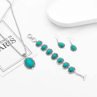 Western Vintage Turquoise Bracelet Necklace Earrings Set, 3pcs Set - The Best New Thing